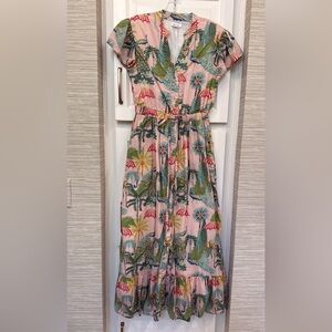 Pink Tropical Print Midi Dress with Tie Waist